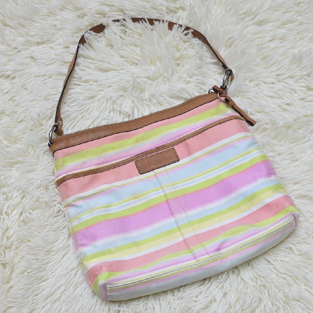 Coach Striped Shoulder Bag in Pink, Green, Cream and Tan